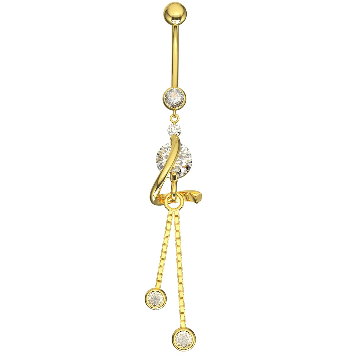 Piercing para el ombligo de oro amarillo macizo de 14 quilates con circonita cúbica y cadena italiana, joyería para ombligo de 14 quilates, calibre 14, 14 Gauge - 14mm Length, Circonia