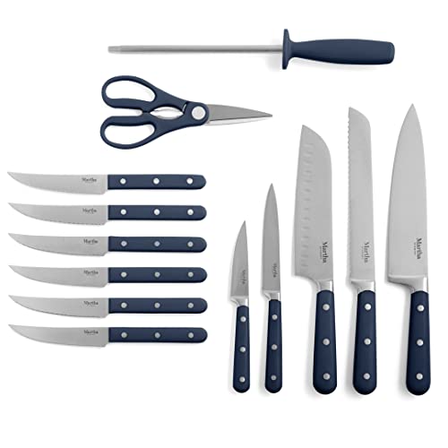 Marthastewarteastwalk14piecehighcarbonstainelesssteelcutlerysetwabstriplerivetedforgedhandleacaciawoodblocknavyblue  Urban Country Home Decor Martha stewart eastwalk 14 piece high carbon staineless steel cutlery set wabs triple riveted forged handle acacia wood block navy blue  urban country home decor