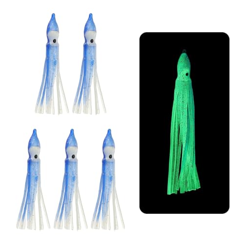 YELARXI Fishing Squid Skirts Glow Soft Plastic Trolling Lures 5cm/2 Inch Luminous Fit for Bass Trout Salmon Saltwater Fishing Bait (5Pcs Clear Blue)