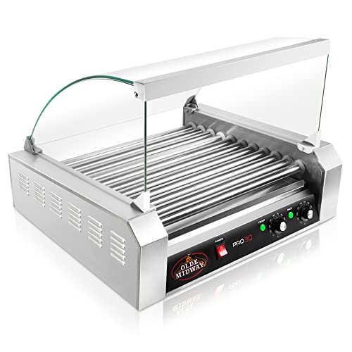 Olde Midway Electric 30 Hot Dog 11 Roller Grill Cooker Machine with Cover 1400-Watt - Commercial Grade