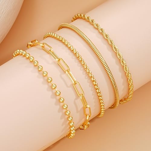 Image of iF YOU Gold Ankle Bracelets for Women, 14k Gold Plated Waterproof Cuban Link Chain Anklets Set, Layered Anklet Bracelets for Women Beach Gift Adjustable Size 5pcs
