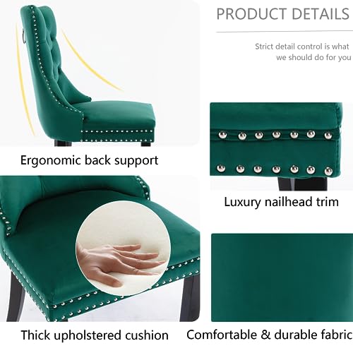 Rhomtree Set of 2 Velvet Fabric Dining Chairs Luxury Tufted Back with Nailed Trim and Back Ring Pull Home Kitchen Dining Room Chairs Armless Accent Side Chairs Solid Rubber Wood Legs (Emerald) - Thumbnail 7