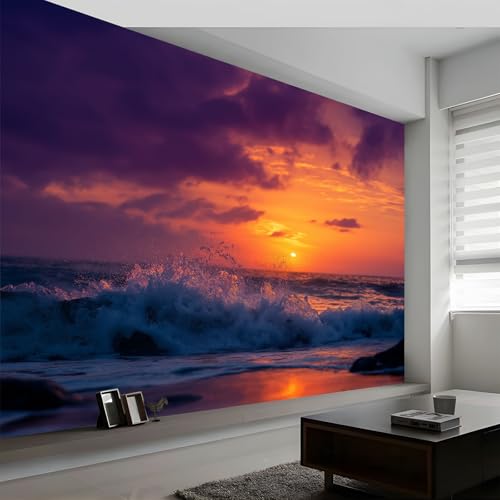 Papel Pintado Panorámico Playa Atardecer Olas Nubes, Foto Mural Moderna 250An x 175Al cm - Papel Pintado Decoración Hogar Paisaje Natural para Salón Habitación Habitación Infantil Oficina