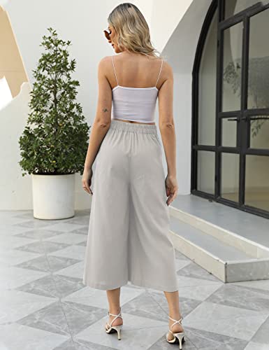 Image of Gihuo Culottes for Women Linen Wide Leg Gauchos Capri Palazzo Pants | Cotton Linen Pants,Flowy Pants,Women's Culottes,Cropped Pants,Elastic Waist Trousers with Pockets