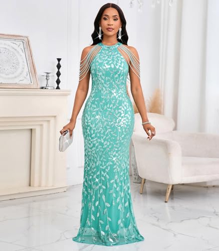 Image of Cololura Women Sexy Elegant Sequin Tassel Off Shoulder Halter Bodycon Maxi Dress Party Evening Gown Formal Dress
