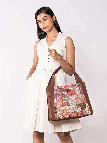 Image of ZOUK Printed Jute Handcrafted Vegan Leather Grey Women's Stylish Tote Bags | Trapezia Tote| Shoulder bag with double handle