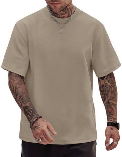 Herberton Men's Soft Loose Fit Tee Basic Shirt Short Sleeve Gym Casual Crewneck Workout Heavyweight Stretchy Polyester Swag Top Sand XXL
