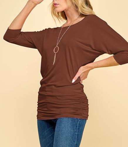 MBJ WT822 Women's Boat Neck 3/4 Sleeve Draped Dolman Top with Side Shirring Premium Shirt L Rust