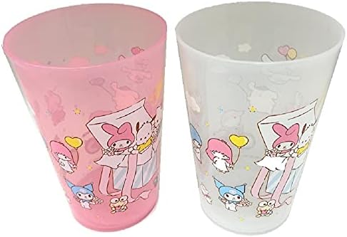 Sanrio Characters Plastic Cups, Plastic Tumblers, 4.9in x 3.3in 15oz, Pink and White Set of 2, Hello Kitty, My Melody, Little Twin Stars, Cinnamoroll, Kuromi