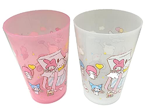 Sanrio Characters Plastic Cups, Plastic Tumblers, 4.9In X 3.3In 15Oz, Pink And White Set Of 2, Hello Kitty, My Melody, Little Twin Stars, Cinnamoroll, Kuromi #TOP3
