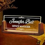 Ship Next Day Custom Name Plate for Desk, Personalized Acrylic Desk Name Plate with LED Walnut Frame, Office Desk Accessories, Appreciation Gifts for Boss Employee Coworkers Teachers Men (Floral Line)