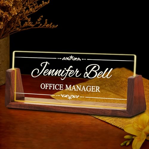 Ship Next Day Custom Name Plate for Desk, Personalized Acrylic Desk Name Plate with LED Walnut Frame, Office Desk Accessories, Appreciation Gifts for Boss Employee Coworkers Teachers Men (Floral Line)