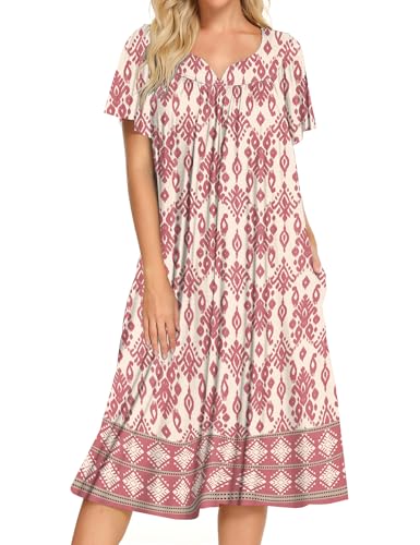 Image of Bloggerlove Mumu House Dress for Women with Pockets Short Sleeve Nightgowns | 15% Cotton, 80% Polyester, 5% Spandex, Floral Mumu House Dress, V-Neck, Short Sleeves, Midi Length, 2 Side Pockets, Lounging