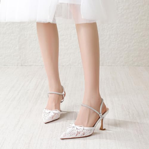 Image of Susanny Women's Closed Toe Rhinstone Wedding Low Heel Slingback Clear Kitten Heels,Adjustable Strap Pointed Toe Bow Pumps High Heeled Prom Dress Shoes