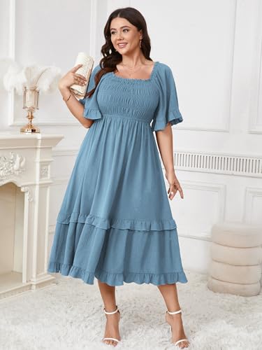 Image of SCOMCHIC Women's Plus Size Maxi Dresses Summer Short Sleeve Square Neck Smocked Wedding Guest Cocktail Boho Long Dress