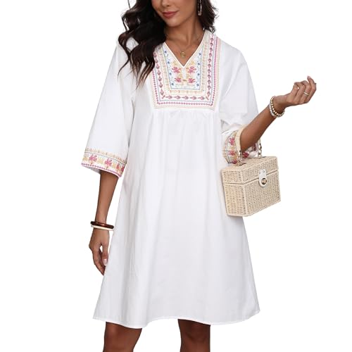 Image of Higustar Summer Womens White Cotton Mini Dresses Boho Embroidered Mexican Styel Bohemian Tunic Babydoll Dress for Women