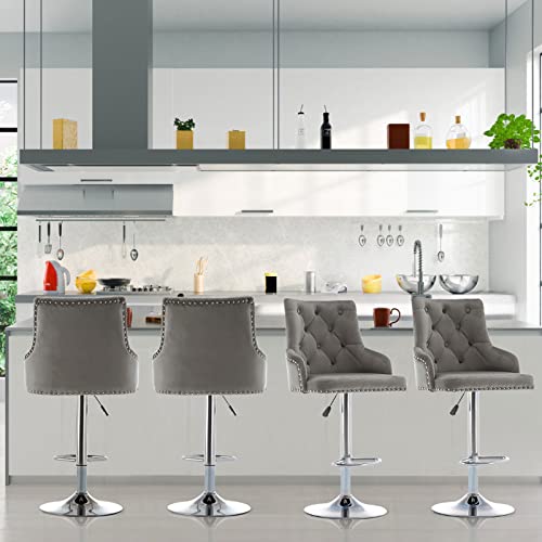 Bar Stool Set Of 2 Velvet Adjustable With Button Tufted Backrest, Counter Height Swivel Chair Upholstered Modern Barstool Chrome Base For Kitchen Island, Home Bar, Dining Room, Dark Grey #TOP1