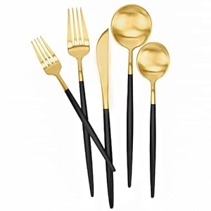 Matte Black and Gold Silverware Set 30 Pieces, FAMEWARE Stainless Steel Flatware Set Service for 6,Tableware Cutlery Set Satin Finished Polished & Dishwasher Safe Matte Black and Gold Silverware Set 30 Pieces FAMEWARE Stainless Steel Flatware Set Service for 6Tableware Cutlery Set Satin Finished Polished Dishwasher Safe
