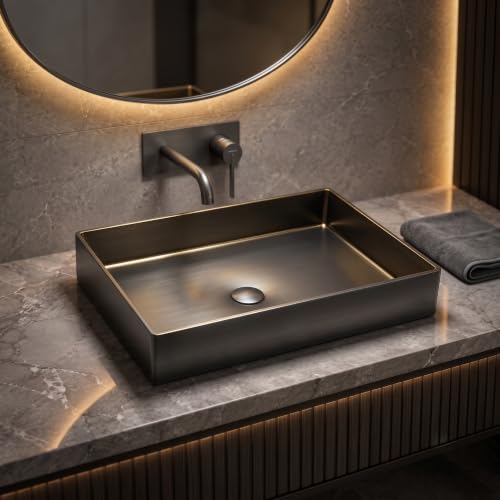 Image of Rose Oro Collection 55x38 cm SS 304 Brushed Stainless Steel Counter Top Wash Basin for Bathroom | Luxury Brushed Finish Bathroom Sink | Get 2 Years Warrenty