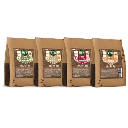 WESTHO Trockenfutter Pure Paket 4X 500g | Ente, Huhn, Lamm & Rind | Praktisches Probierset aus verschiedenen Sorten | Trockenfutter für alle Rassen und Alter (4er Set)