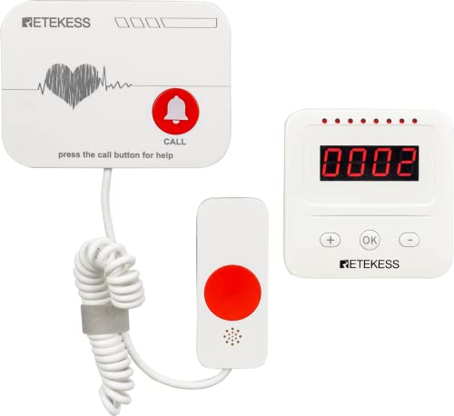 Retekess TH106 Wireless Caregiver Pager, Medical Alert Systems, Plug and Battery Powered Support, Pull Rope Call Button for Seniors, Elderly, Patients, Disabled