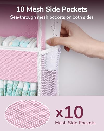 Image of ULG 1 Pack Over Door Organizer with 5 Large Pockets 10 Mesh Side Pockets, 44 lbs Weight Capacity Hanging Storage Organizer with Clear Window Kids Toys, Shoes, Diapers, Pink