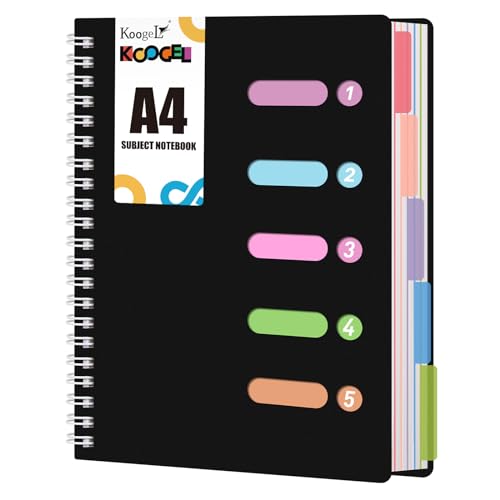 Koogel Ruled Spiral Notebook A4, Black Journal Notebook with Dividers Waterproof Cover 5 Subject Notebook for School Note Taking Office 28x21cm