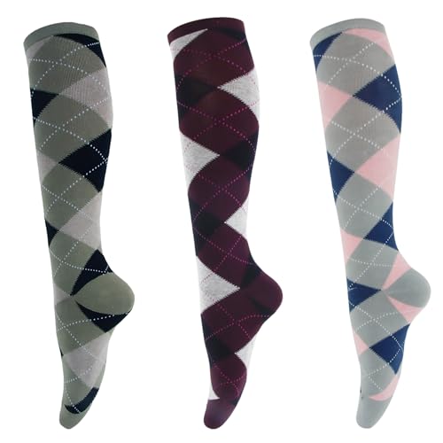 ACTOYS 3 Pares Calcetines Hasta la Rodilla Para Niña, Modernos Con Estampado de Cuadros, Cálidos y Cómodos (Azul Rosa, Burdeos, Negro Gris) (B)