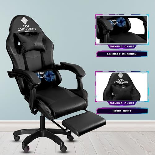 Image of Casa Copenhagen Designed in Denmark,High-Back Italian Leather Gaming Ergonomic Chair with Advanced Mechanism & Electric Back Massager, Memory Foam Seating & Multi Function Arm-Rest - Black & Black