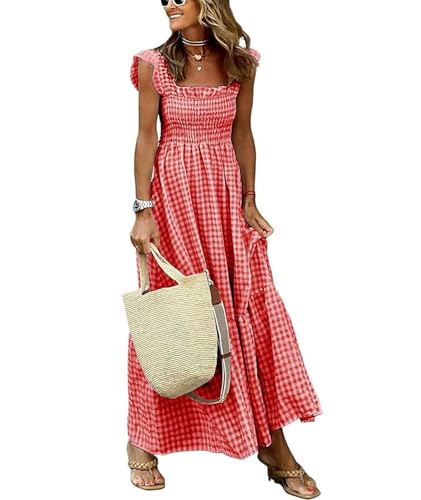 Image of SOMTHRON Women's Square Neck Plaid Smocked Dress Ruffle Sleeveless Tiered Flowy A-Line Checkered Maxi Long Dress