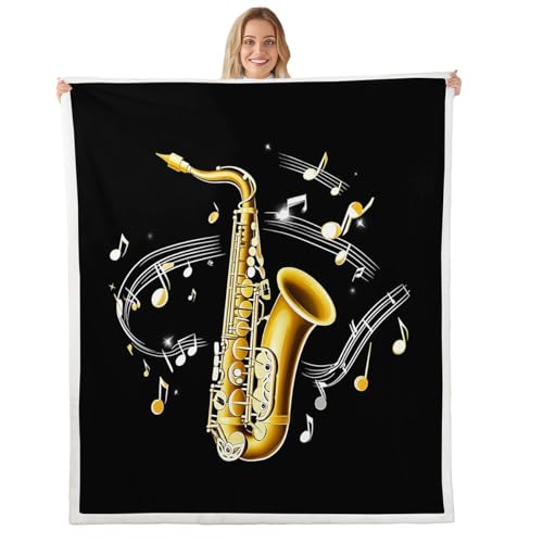 Erosebridal Saxophone Sherpa Blanket Rotating Musical Notes Fleece Blanket Musical Instrument Blanket Throw Retro Jazz Music Theme Fuzzy Blanket For Kids Boys Girls Sofa Decor Throw 50"x60" Gold Black