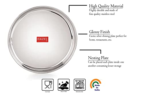 Image of HAZEL Stainless Steel Breakfast Plate with Glossy Finish | Quarter Plates for Kids Serveware Tableware | Thali Plates for Kitchen | Dinner Plates Set of 2, 23.5 cm