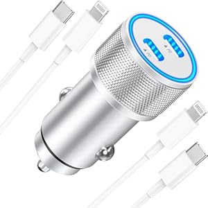 [Apple MFi Certified] iPhone Car Charger, Linocell 60W Dual PD USB-C Poewr Cigarette Lighter USB-C Car Carplay Fast Charger + 2Pack Type-C to Lightning Cable for iPhone 14 13 12 11 Pro XS XR X SE iPad