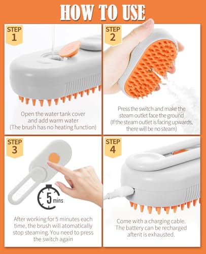 Image of Cat Steam Brush for Shedding - 3 in 1 Steam Cat Brushes for Grooming and Massage - Adjustable Cat Brush with Steam for Dogs, Removing Tangled and Loose Hair (White & Orange)