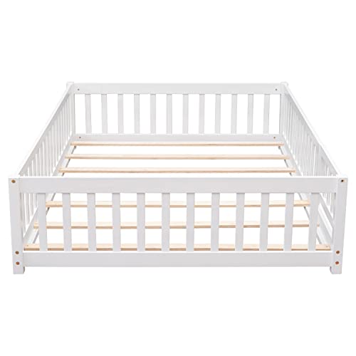 Full Size Floor Bed For Kids, Montessori Bed Frame With Fence-Shaped Guardrails, Support Slats And Door, Wood Full Size Floor Bed With Rails For Kids,Boys & Girls, No Box Spring Needed (White, Full) #TOP5