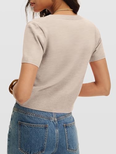 ANRABESS Womens Short Sleeve Sweaters Cropped V Neck, Almond, M