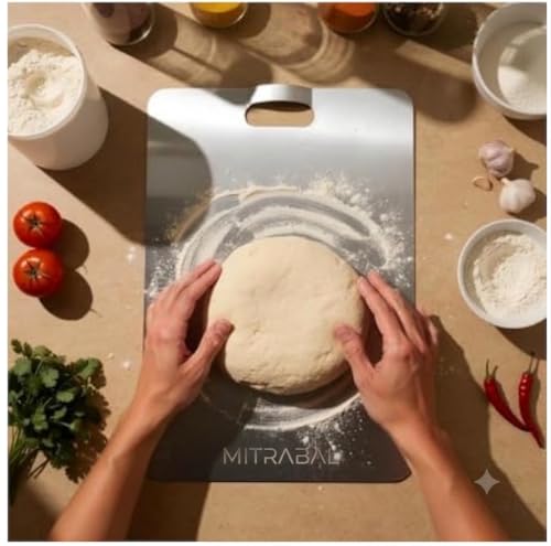 Image of Large Stainless Steel Chopping Cutting Board with Curved Handle Vegetable,Fruit,Bread & Meat Durable Safe & Heavy Duty (Stainless Steel Chopping Board)