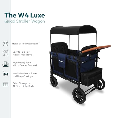 WONDERFOLD W4 Luxe Stroller Wagon (4 Seater) - Collapsible Wagon Stroller with Seats with Magnetic Buckle 5-Point Harnesses and Sun Canopy, Noble Navy
