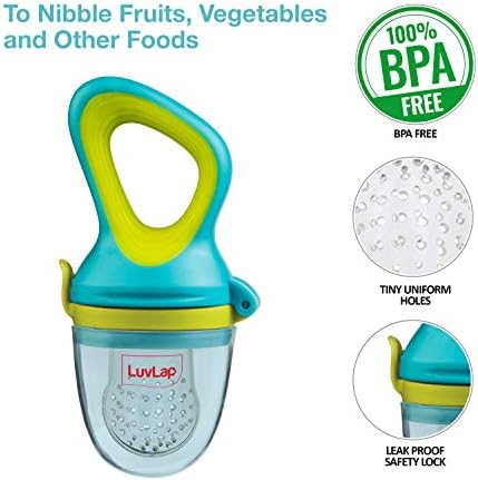 LuvLap Silicone Food/Fruit Nibbler with Extra Mesh, Soft Pacifier/Feeder, Teether for Infant Baby, Elegant Blue, Bpa Free Feeding Spoon with Squeezy Food Grade Silicone Feeder Bottle,180Ml