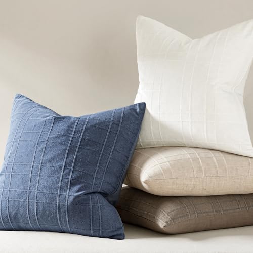 Image of MIULEE Decorative Linen Check Lumar Throw Pillow Covers Neutral Farmhouse Vintage Pillow Covers 12x20 Set of 2 Boho Modern Home Decor for Sofa Couch Bedroom Cushion Blue