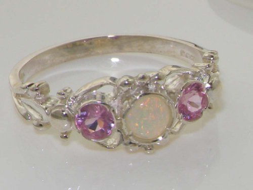 925 Sterling Silver Natural Opal And Pink Tourmaline Womens Trilogy Ring - Size 9.75 #TOP4