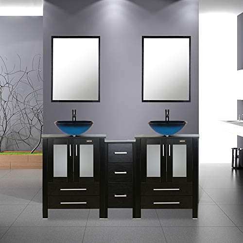 60" Black Bathroom Vanity ,Double Vanity,0.5"Tempered Glass Vessel Sink(Sea Blue),Orb Faucet,Drain Parts,Bathroom Vanity Top,Glass Sink Bowl,Removable Vanity Pedestal,Mdf Board,Mirror,Mounting Ring #TOP1