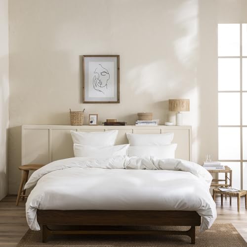ESSIX - Parure de lit Unie en Percale de Coton lavée, taies Rectangles, Delicate - 260 x 240 cm - Blanc - Percale de Coton - 80 Fils/cm² - Entretien Facile