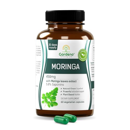 Gardeno Organic Moringa 450 mg 60 Veg Capsules From Standardized Moringa Leaf Extract | Superfood Supplement | Rich in Antioxidants Essential Vitamins & Amino Acids Immunity Blood Sugar Support
