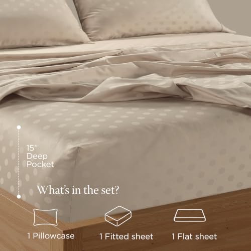 Image of Threadmill 300 Thread Count Cotton Twin Sheet Set, Sateen, Jacquard, Beige | 100% Cotton, Sateen Weave, Jacquard Pattern, 3-Piece Set, 16 inch Deep Pocket, Cooling, Fade-Resistant, Breathable
