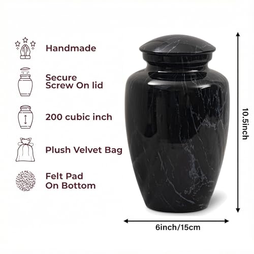 Image of Large Black Marble Finish Urn for Ashes Adult Male Female | Large Cremation Urn for Human Ashes Men and Women,Memorial Urn for Dad /Father /Grandpa /Brother(Includes Velvet Bag)