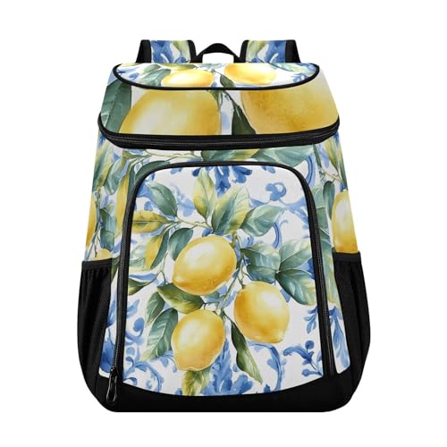 Lemon Blue Leaves Tiles Italian Cooler Backpack Cooler Insulated Leak Proof Lunch Backpack 36 Cans Waterproof Soft for Men Women Picnic Hiking Camping Beach