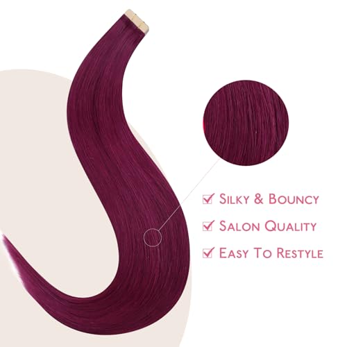 Image of WENNALIFE Tape in Hair Extensions Human Hair Light Burgundy Tape in Extensions, 10pcs 25g 16 inch Remy Invisible Tape Ins Straight Colored Soft Real Human Hair Tape in Extensions Refill Set Extensions