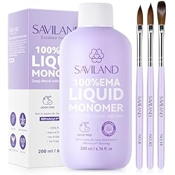 SAVILAND Monomer Acrylic Nail Liquid: 6.76 Oz Professional EMA Acrylic Liquid Monomer with Size 8,10,14 Brushes for Beginners DIY Nail Art Extension & 3D Sculpting Non-Yellowing MMA-Free