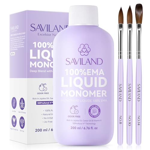 SAVILAND EMA Monomer Acrylic Nail Liquid: 6.76fl.oz Non-Yellowing Low Odor Acrylic Liquid Monomer with Size 8 10 14 Brushes for Beginners DIY Nail Art Extension & 3D Sculpting Home Salon